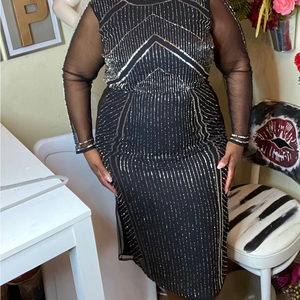 Navy Blue sequin cocktail dress with sheer cutouts